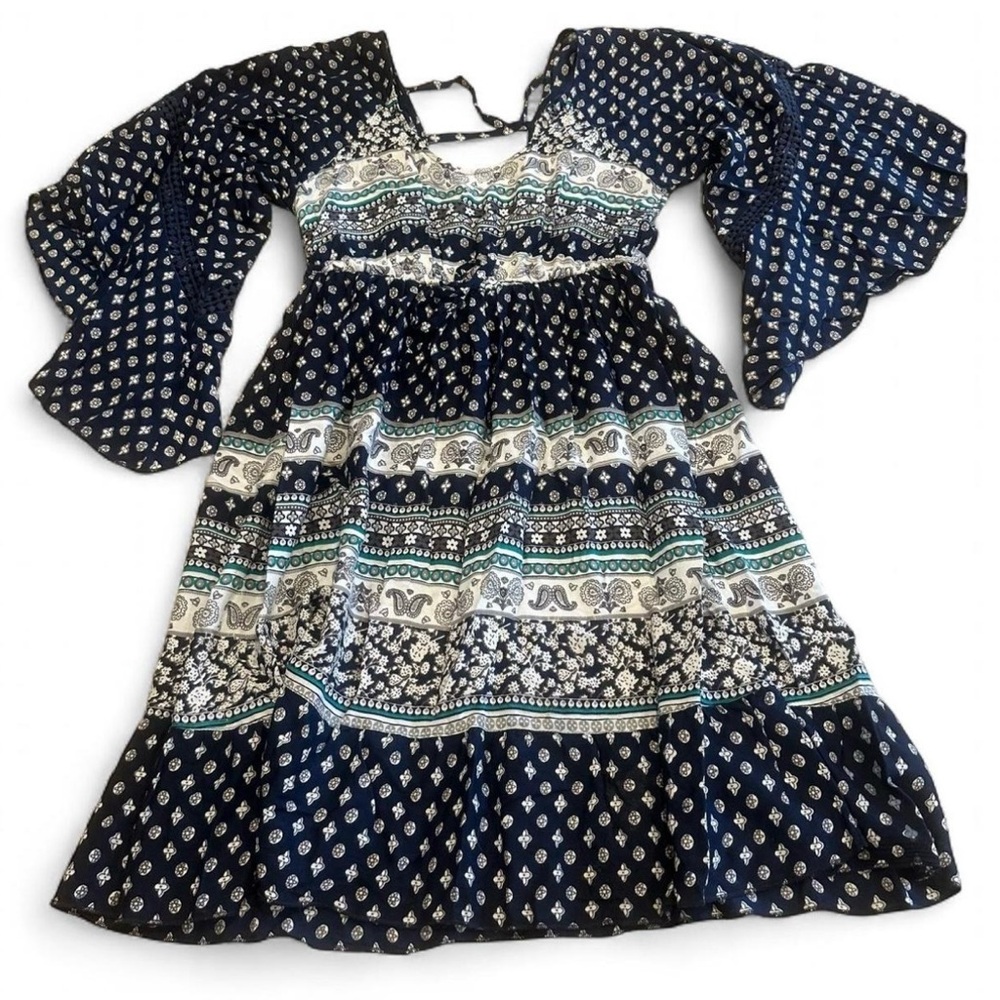 J GEE Anthropologie Women's S Bell Sleeve Boho Farmhouse Cross Back Peasant Blue
